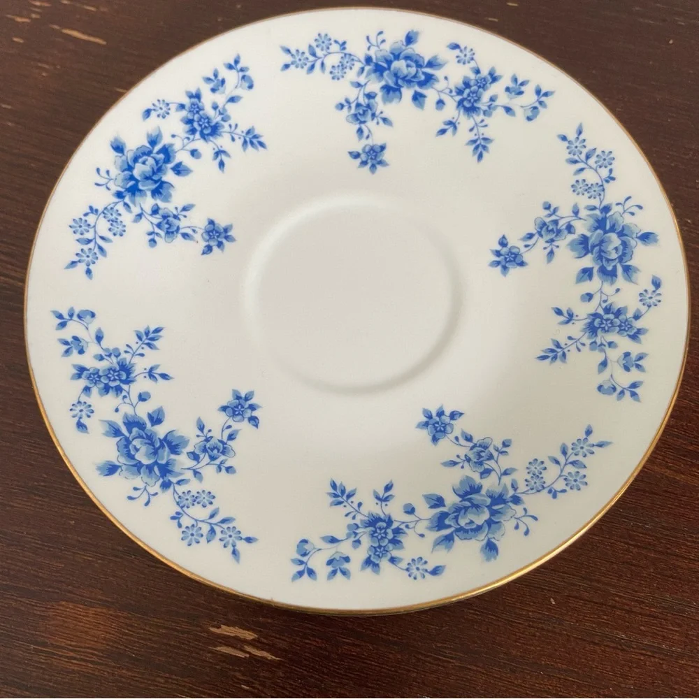 Vintage China Garden Blue Floral Cup, Saucer & Dessert Plate w/ Gold Trim